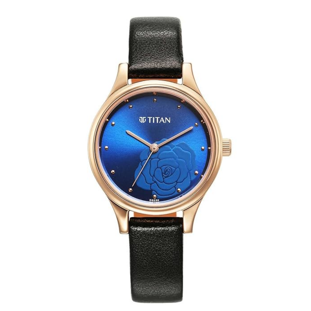Titan Karishma Quartz Analog Women’s Watch with Midnight Blue Dial and Black Leather Strap
