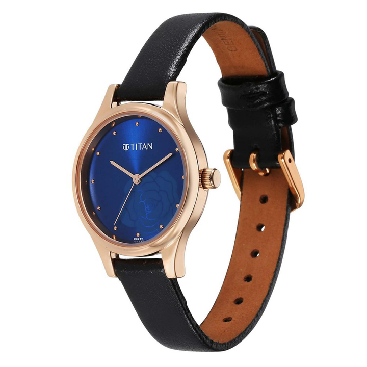 Titan Karishma Quartz Analog Women’s Watch with Midnight Blue Dial and Black Leather Strap