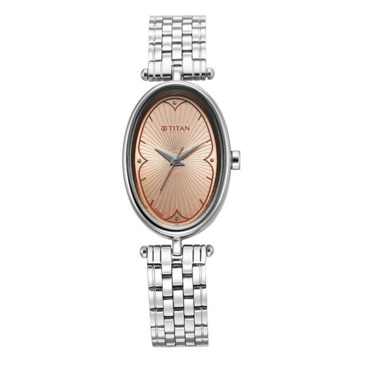 Titan Karishma Quartz Analog Women’s Watch with Beige Dial and Silver Stainless Steel Strap
