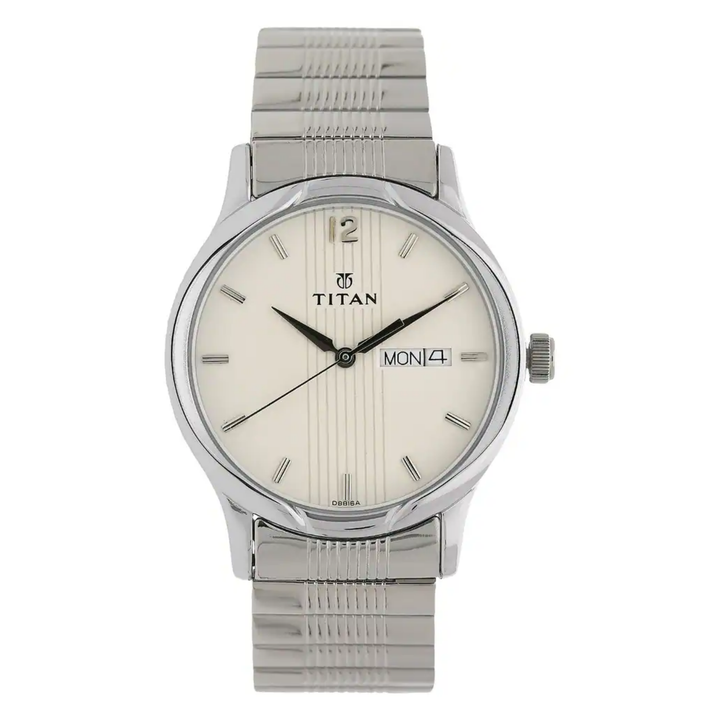 Titan Quartz Analog Men’s Watch with Day &amp; Date Display, Silver Dial and Stainless Steel Strap