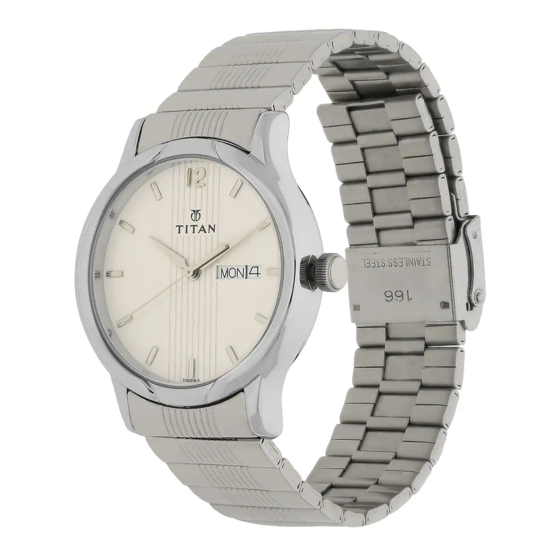 Titan Quartz Analog Men’s Watch with Day &amp; Date Display, Silver Dial and Stainless Steel Strap