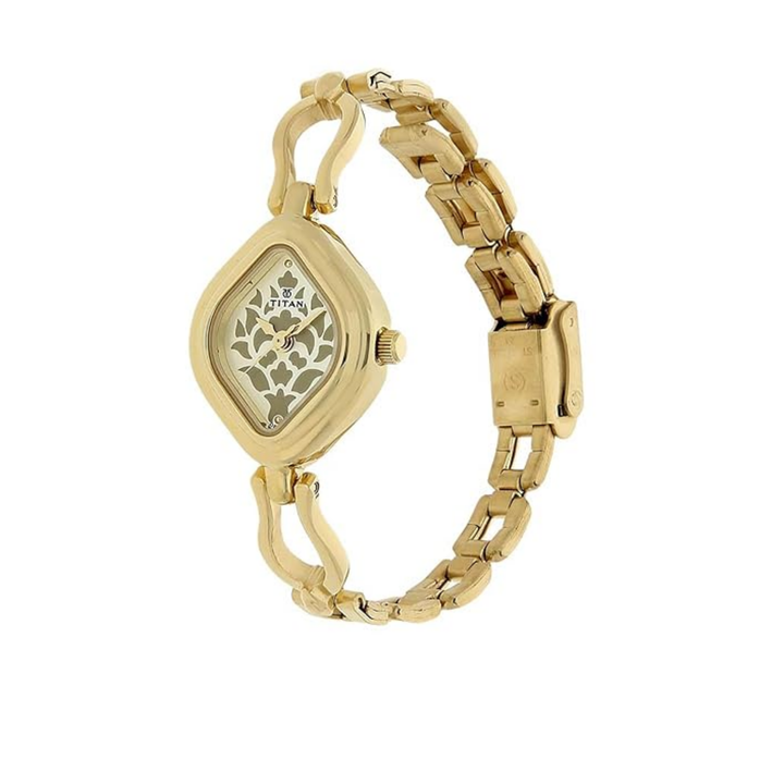 Titan Quartz Analog Women’s Watch with Champagne Dial and Stainless Steel Strap
