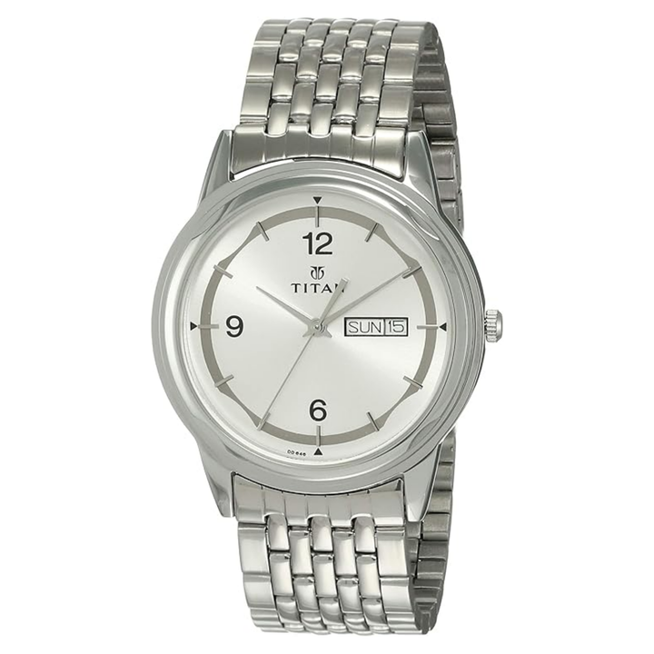 Titan Quartz Analog Men’s Watch with Day &amp; Date Display, Silver Dial and Silver Stainless Steel Strap