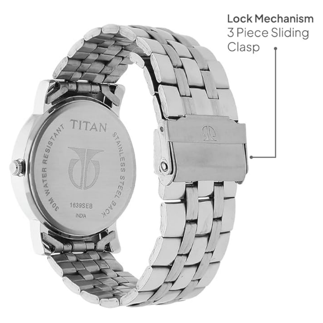 Titan Men’s Elegance Watch with Black Dial and Sleek Link Strap – 38 mm Case Size