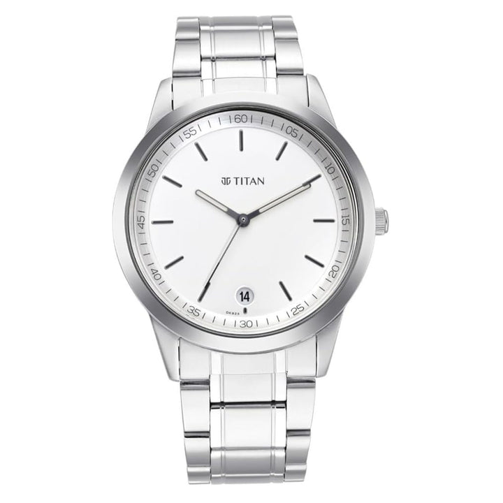 Titan Men’s Watch with a refined white dial and a sleek metal strap, crafted for timeless elegance.