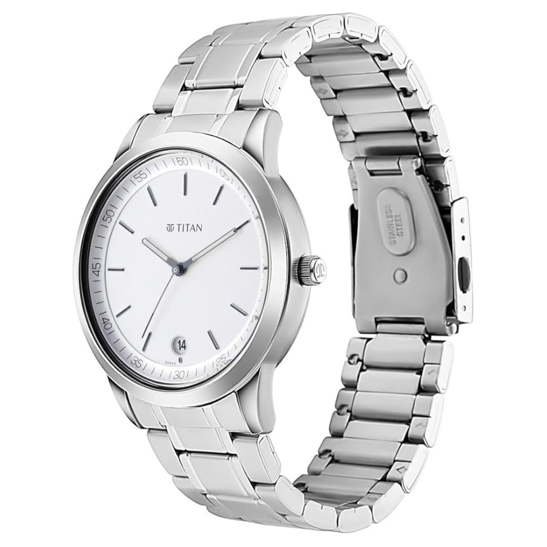 Titan Men’s Watch with a refined white dial and a sleek metal strap, crafted for timeless elegance.