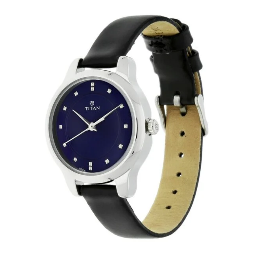 Titan Women’s Chic Minimalist Watch with Blue Dial and Genuine Leather Strap
