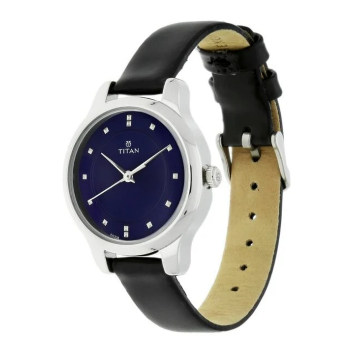Titan Women’s Chic Minimalist Watch with Blue Dial and Genuine Leather Strap