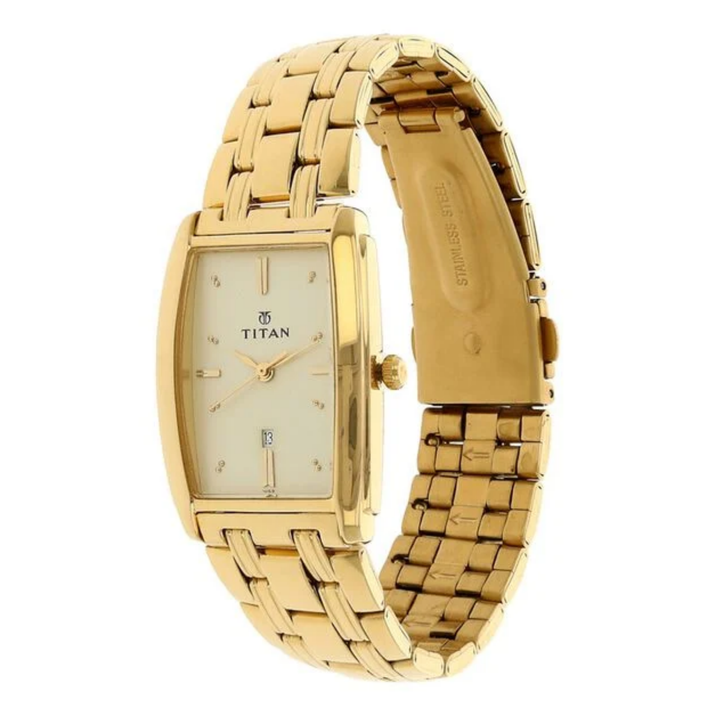 Titan Men’s Quartz Analog Watch with Champagne Dial, Date Display &amp; Stainless Steel Strap