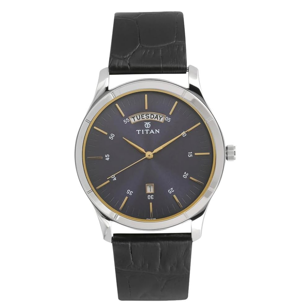 Titan Workwear Men’s Analog Watch with Blue Dial, Day &amp; Date Display and Leather Strap