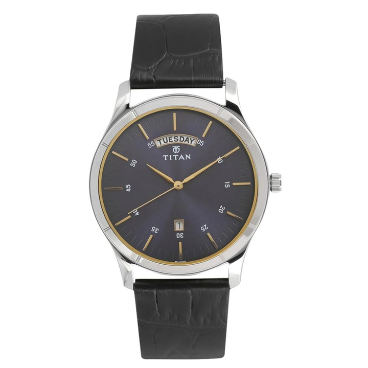 Titan Workwear Men’s Analog Watch with Blue Dial, Day &amp; Date Display and Leather Strap