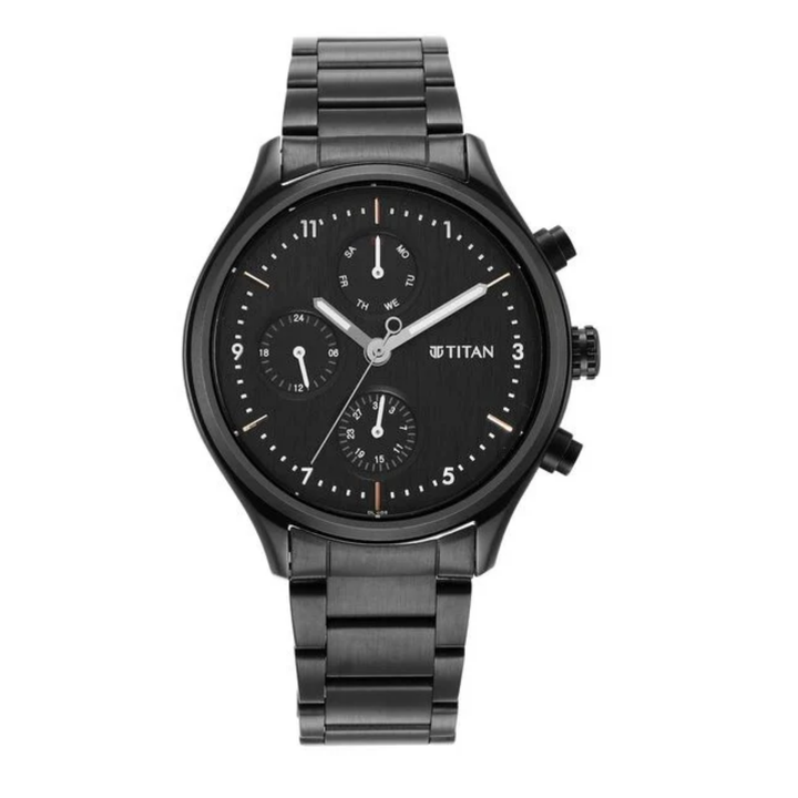 Titan Neo Men’s Quartz Multifunction Watch with Black Dial and Stainless Steel Strap