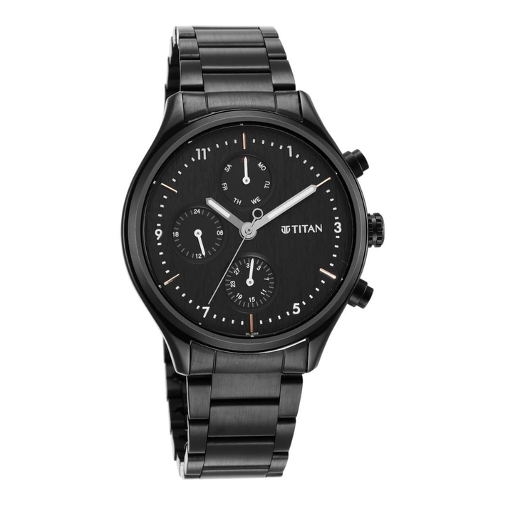 Titan Neo Men’s Quartz Multifunction Watch with Black Dial and Stainless Steel Strap