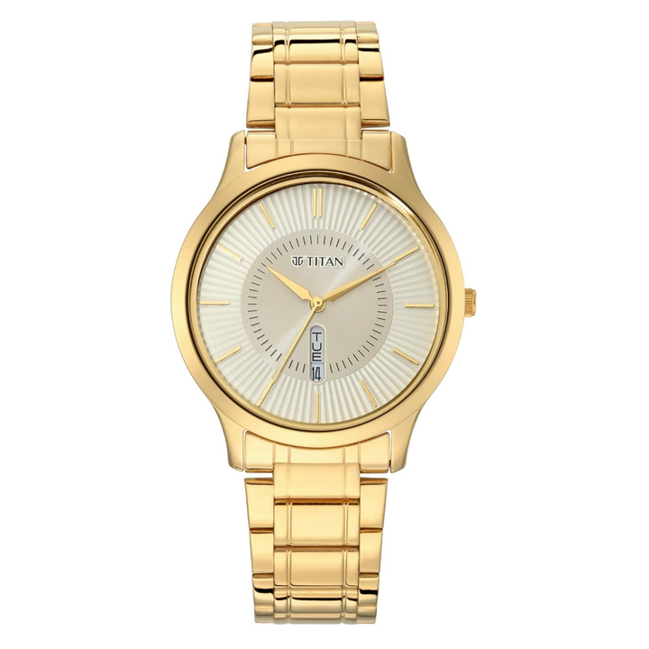 Titan Men’s Quartz Analog Watch with Yellow Dial, Day-Date Display and Metal Strap