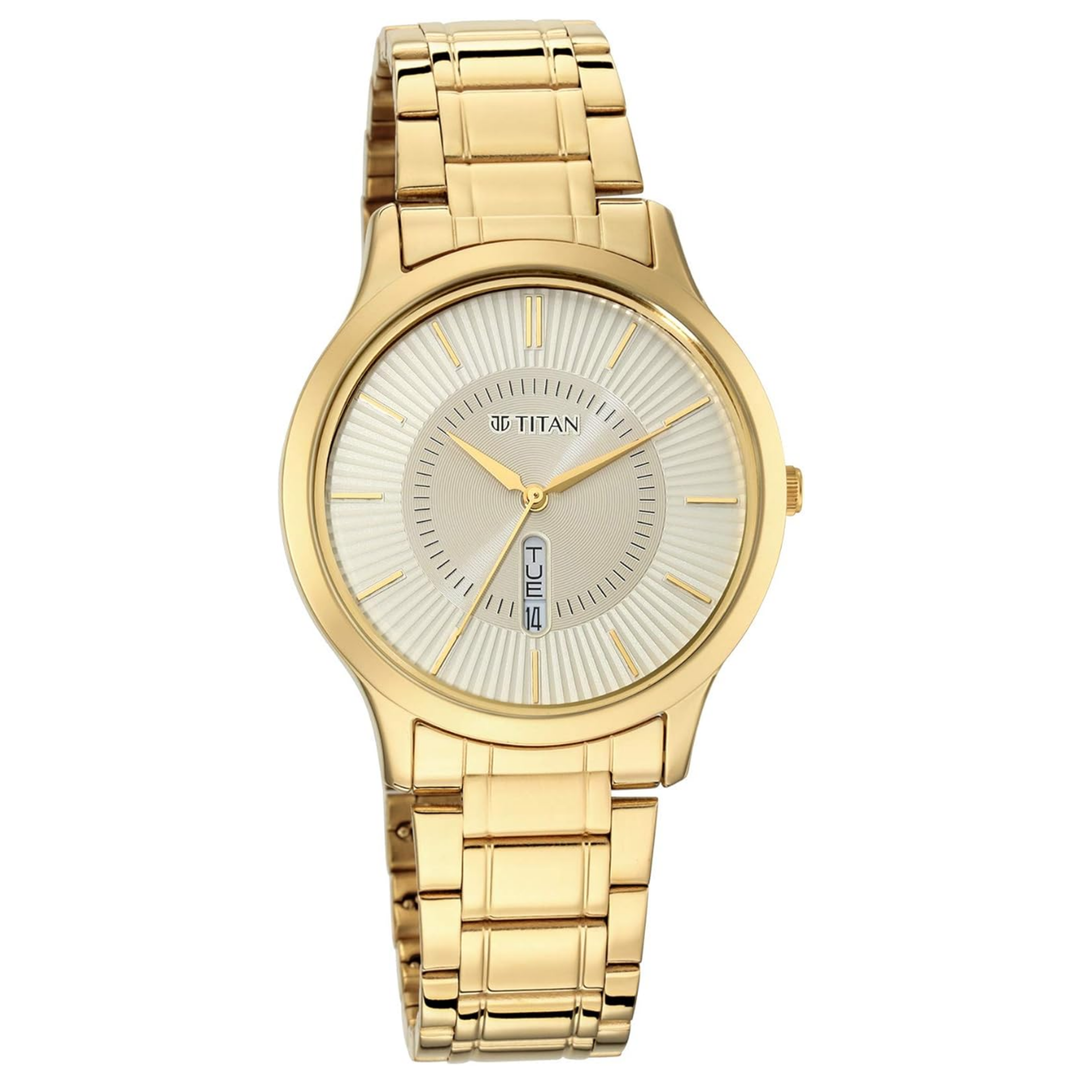 Titan Men’s Quartz Analog Watch with Yellow Dial, Day-Date Display and Metal Strap