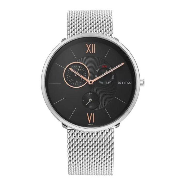 Titan Slim Quartz Multifunction Watch for Men with Black Dial and Stainless Steel Strap