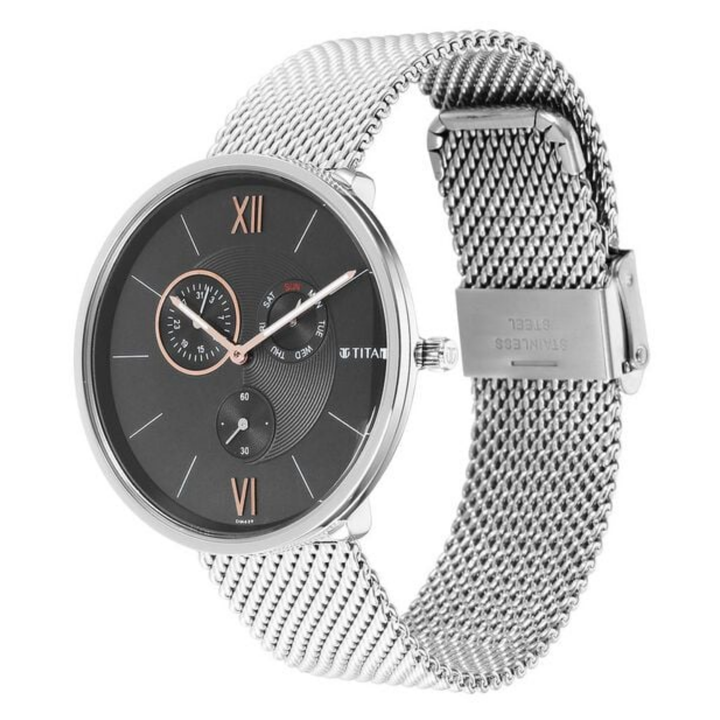 Titan Slim Quartz Multifunction Watch for Men with Black Dial and Stainless Steel Strap