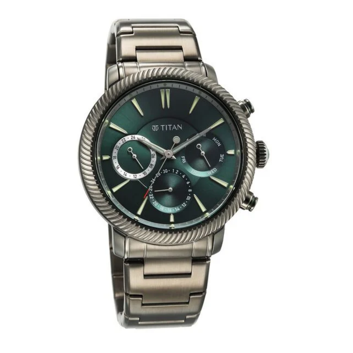 Titan Stellar Men’s Quartz Multifunction Watch with Green Dial and Stainless Steel Strap