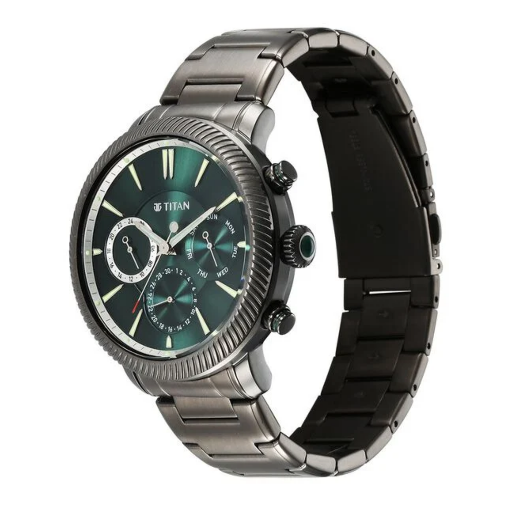 Titan Stellar Men’s Quartz Multifunction Watch with Green Dial and Stainless Steel Strap