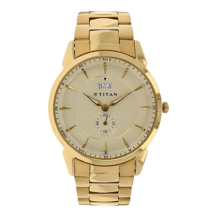 Titan Men’s Quartz Analog Watch with Champagne Dial, Date Display and Stainless Steel Strap