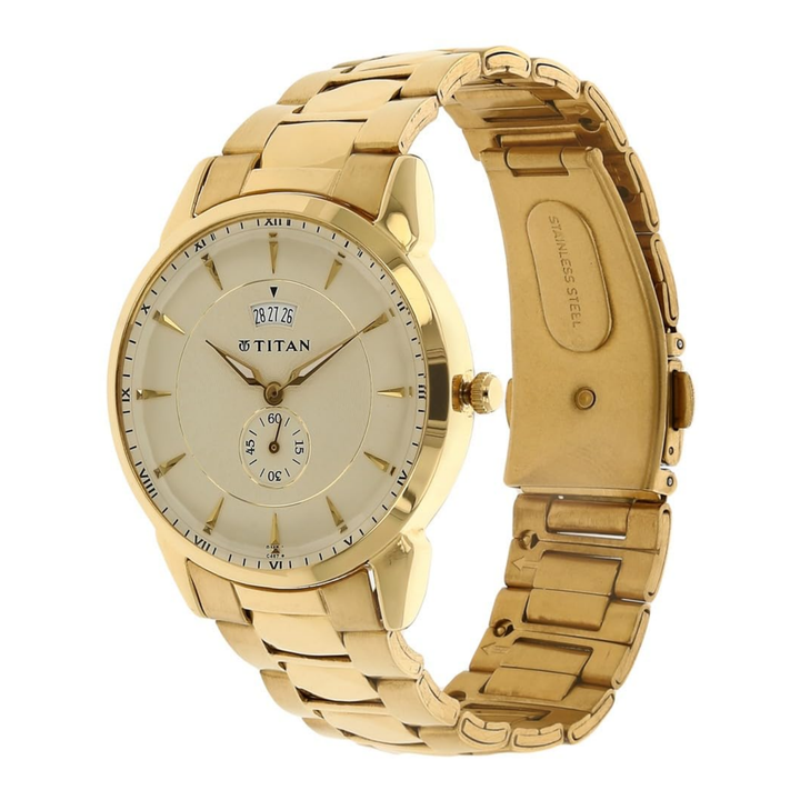 Titan Men’s Quartz Analog Watch with Champagne Dial, Date Display and Stainless Steel Strap