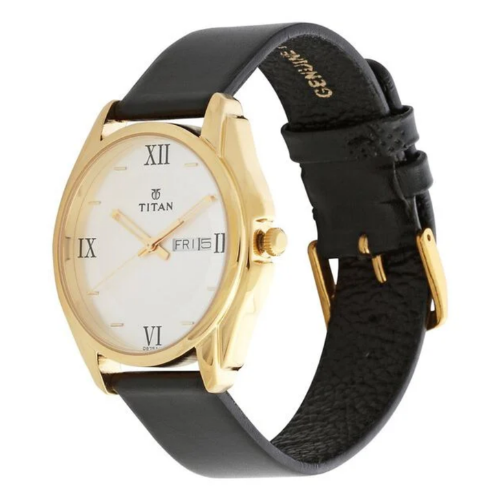 Titan Men’s Quartz Analog Watch with Silver Dial, Day &amp; Date and Leather Strap
