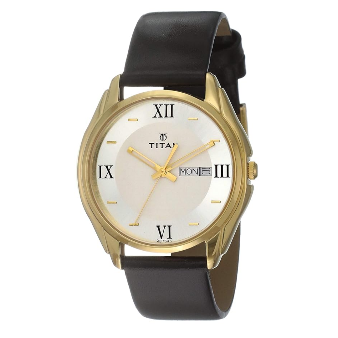 Titan Men’s Quartz Analog Watch with Silver Dial, Day &amp; Date and Leather Strap