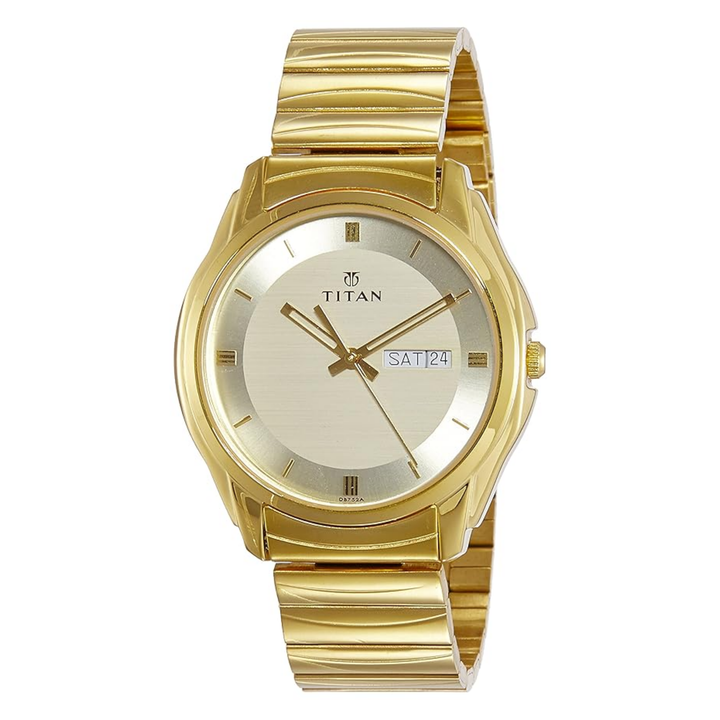 Titan Men’s Quartz Analog Watch with Champagne Dial, Day-Date Display and Golden Stainless Steel Strap