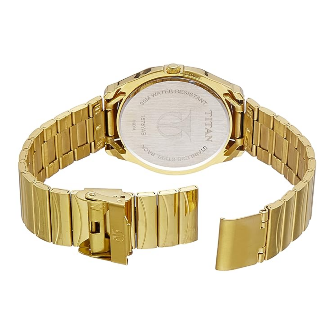 Titan Men’s Quartz Analog Watch with Champagne Dial, Day-Date Display and Golden Stainless Steel Strap