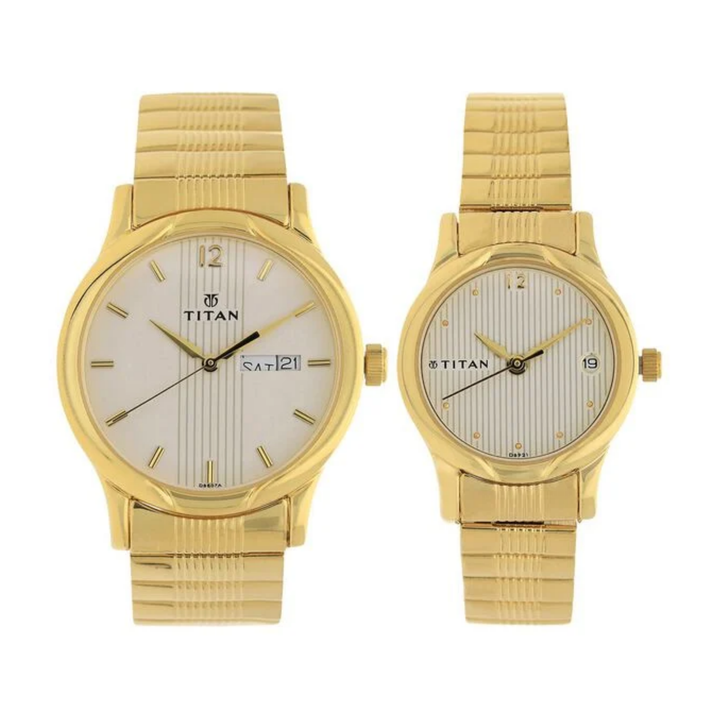 Titan Quartz Analog Couple Watch Set with White Dial, Day-Date Display and Metal Straps
