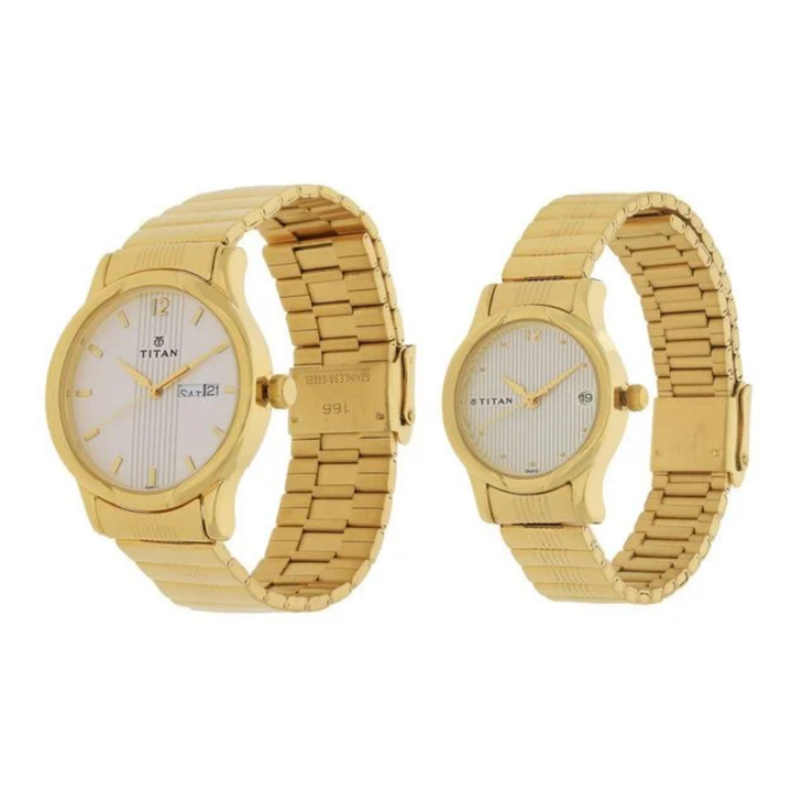 Titan Quartz Analog Couple Watch Set with White Dial, Day-Date Display and Metal Straps