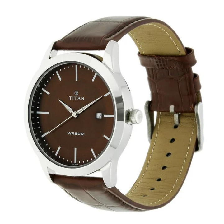 Titan Men’s Quartz Analog Watch with Brown Dial, Date Display and Leather Strap