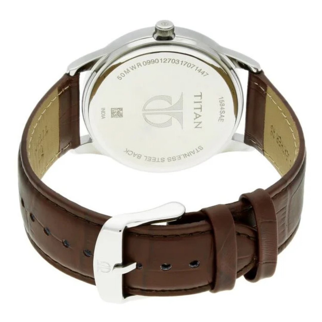 Titan Men’s Quartz Analog Watch with Brown Dial, Date Display and Leather Strap