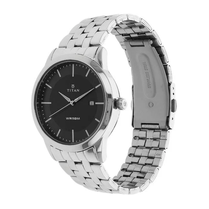 Titan Men’s Quartz Analog Watch with Black Dial, Date Display and Stainless Steel Strap