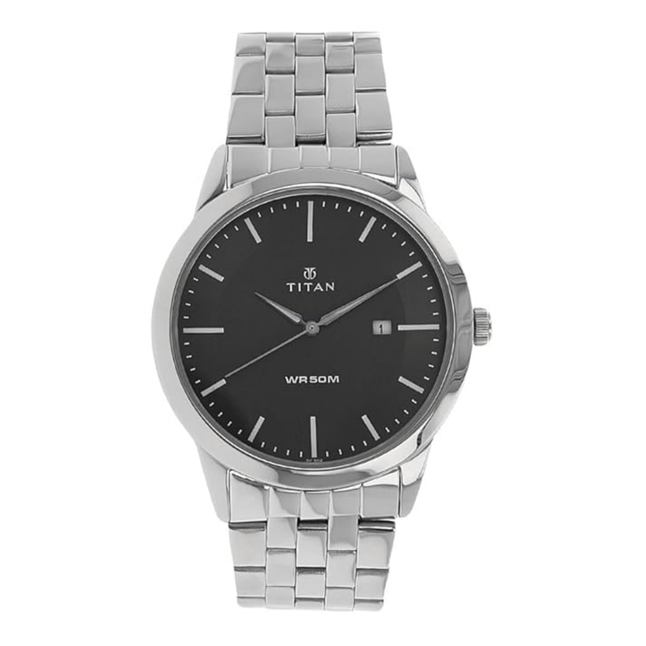 Titan Men’s Quartz Analog Watch with Black Dial, Date Display and Stainless Steel Strap