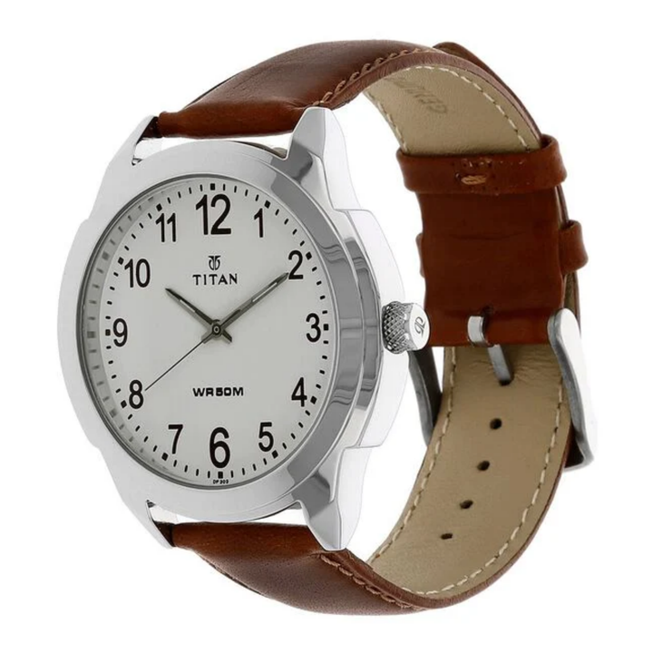 Titan Quartz Analog Men’s Watch with Clean White Dial and Leather Strap