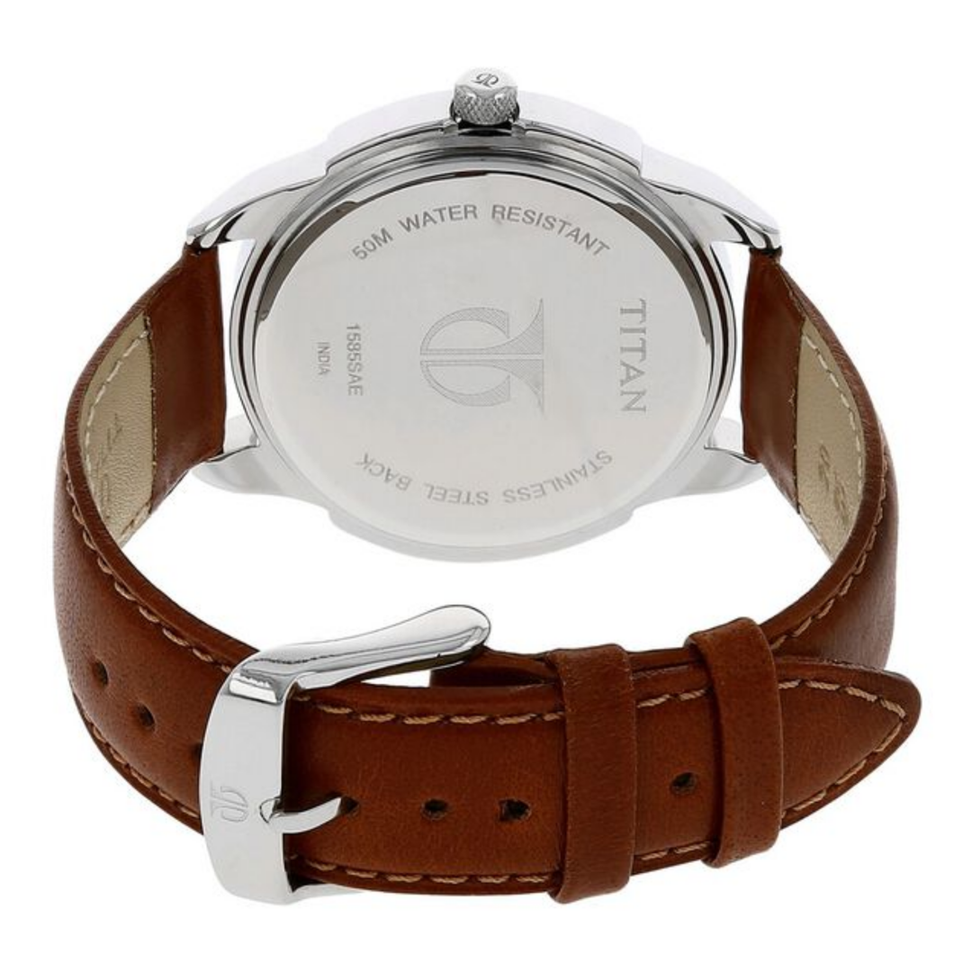 Titan Quartz Analog Men’s Watch with Clean White Dial and Leather Strap