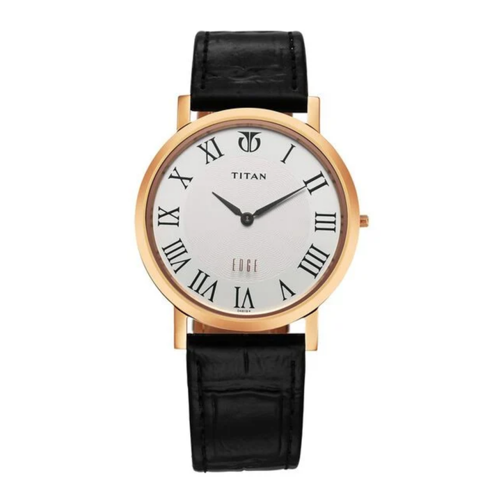 Titan Edge Men’s Quartz Analog Watch with White Dial and Black Leather Strap