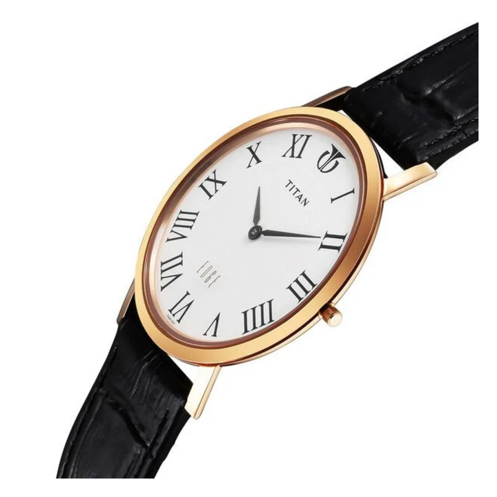 Titan Edge Men’s Quartz Analog Watch with White Dial and Black Leather Strap