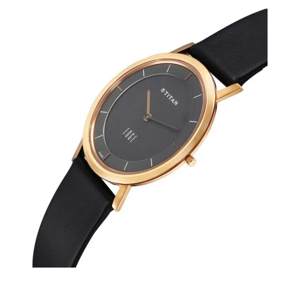 Titan Edge Men’s Quartz Analog Watch with Anthracite Dial and Black Leather Strap