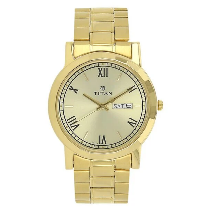 Titan Men’s Quartz Analog Watch – Champagne Dial with Day &amp; Date Display, Stainless Steel Bracelet