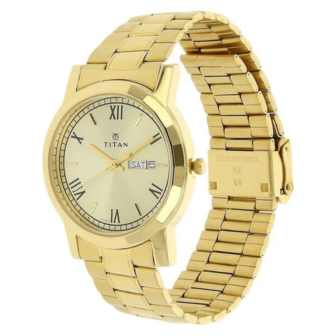 Titan Men’s Quartz Analog Watch – Champagne Dial with Day &amp; Date Display, Stainless Steel Bracelet