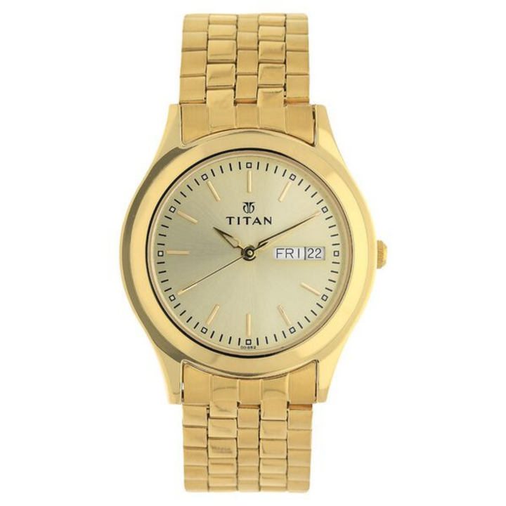 Titan Men’s Champagne Dial Analog Watch with Day &amp; Date Function