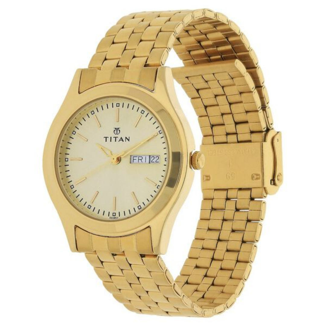 Titan Men’s Champagne Dial Analog Watch with Day &amp; Date Function