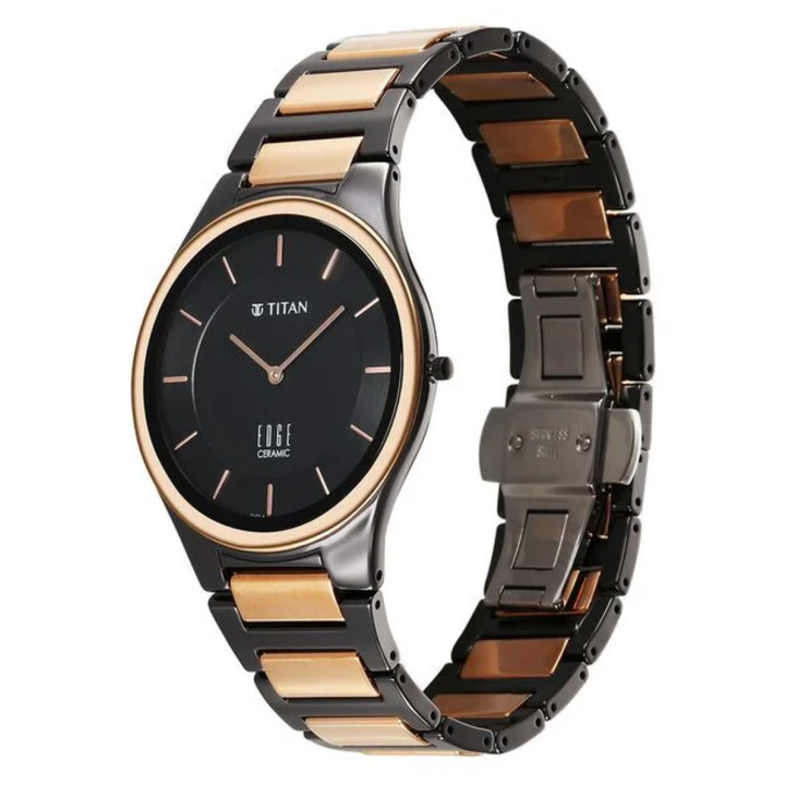 Titan Edge Ceramic: Midnight Gold Edition – Ultra-Slim Men’s Watch with Stealth Black Dial