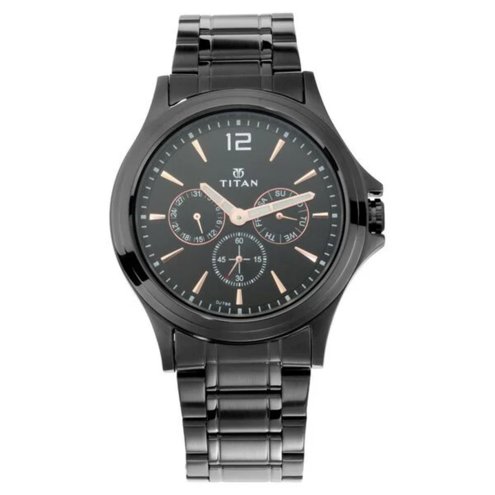 Titan Men’s Multifunction Executive: Black Sunray Dial with Precision Sub-Dials &amp; Stainless Steel Bracelet
