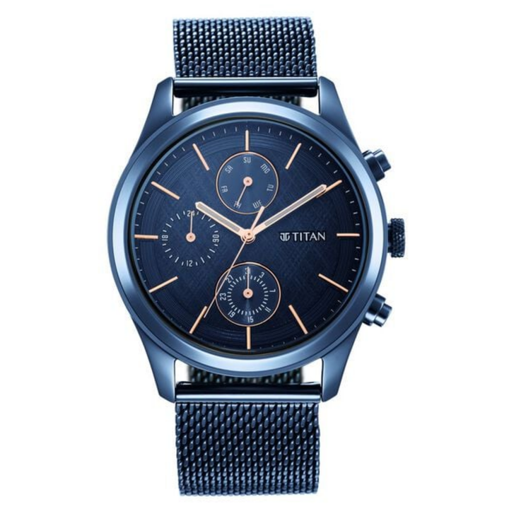 Titan Neo Splash: Midnight Azure Multifunction – Men’s Sartorial Watch with Modern Silver Mesh Bracelet