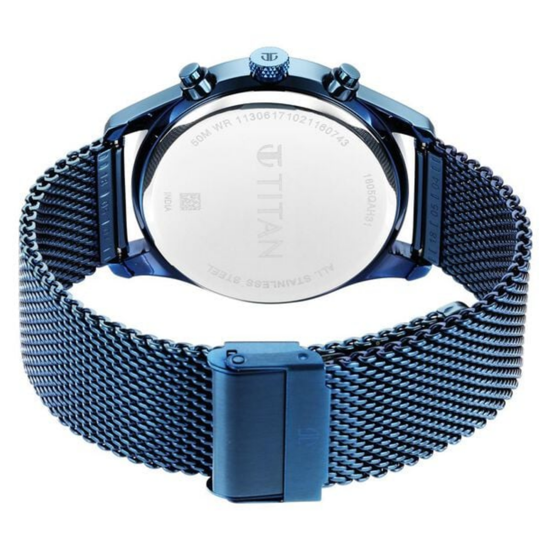 Titan Neo Splash: Midnight Azure Multifunction – Men’s Sartorial Watch with Modern Silver Mesh Bracelet