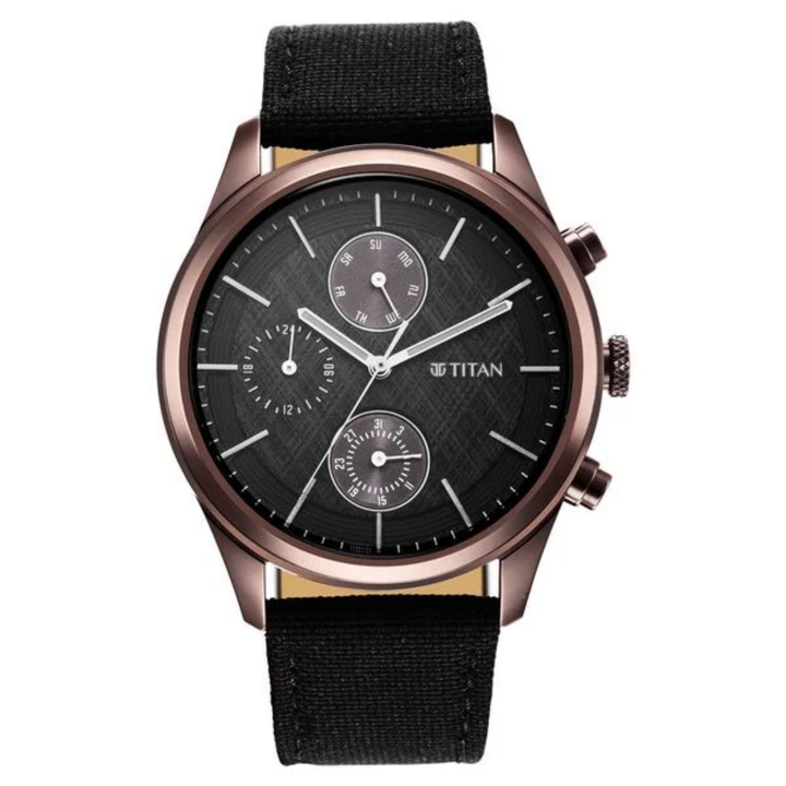 Titan Infinity Chronograph: Midnight Azure &amp; Rose Gold – A Masterpiece of Precision with Hand-Stitched Leather