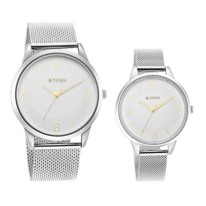 Titan Men &amp; Women’s Analog Duo – Classic White Dial – All-Steel Design – Gift Set